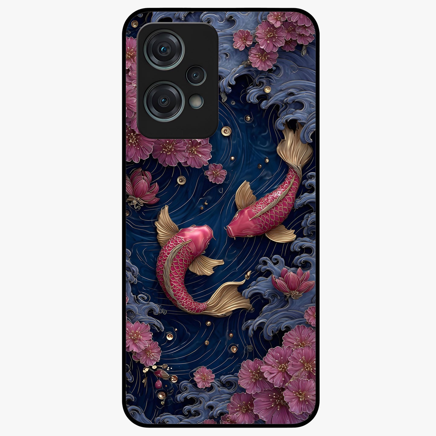 Koi Wave Dance Glass Case for 1+Nord Ce 2 Lite artistic front view featuring flowing koi fish artwork with wave patterns