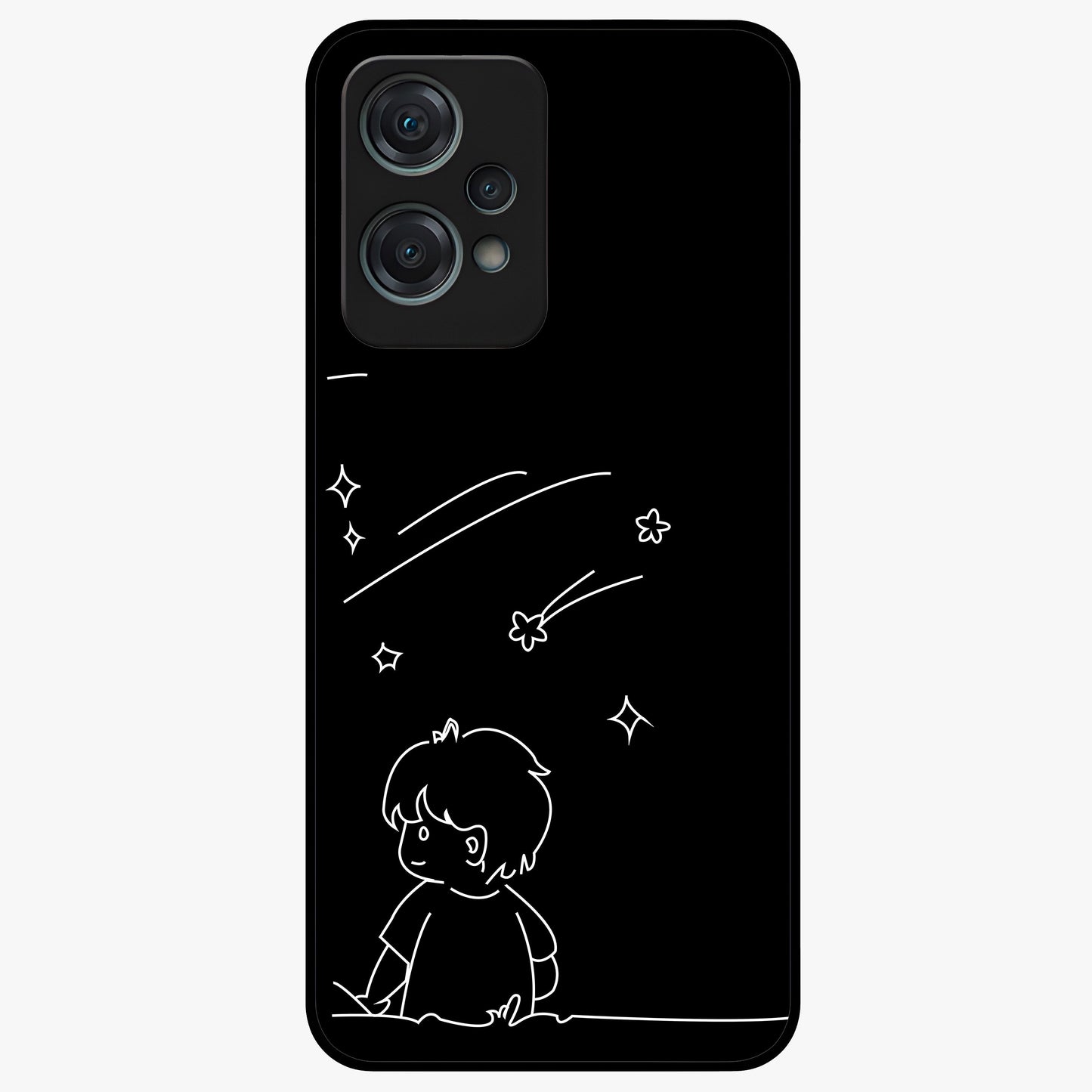 Line Art Boy With Shooting Stars Glass Case for 1+Nord Ce 2 Lite artistic front view featuring minimal line art character with star accents