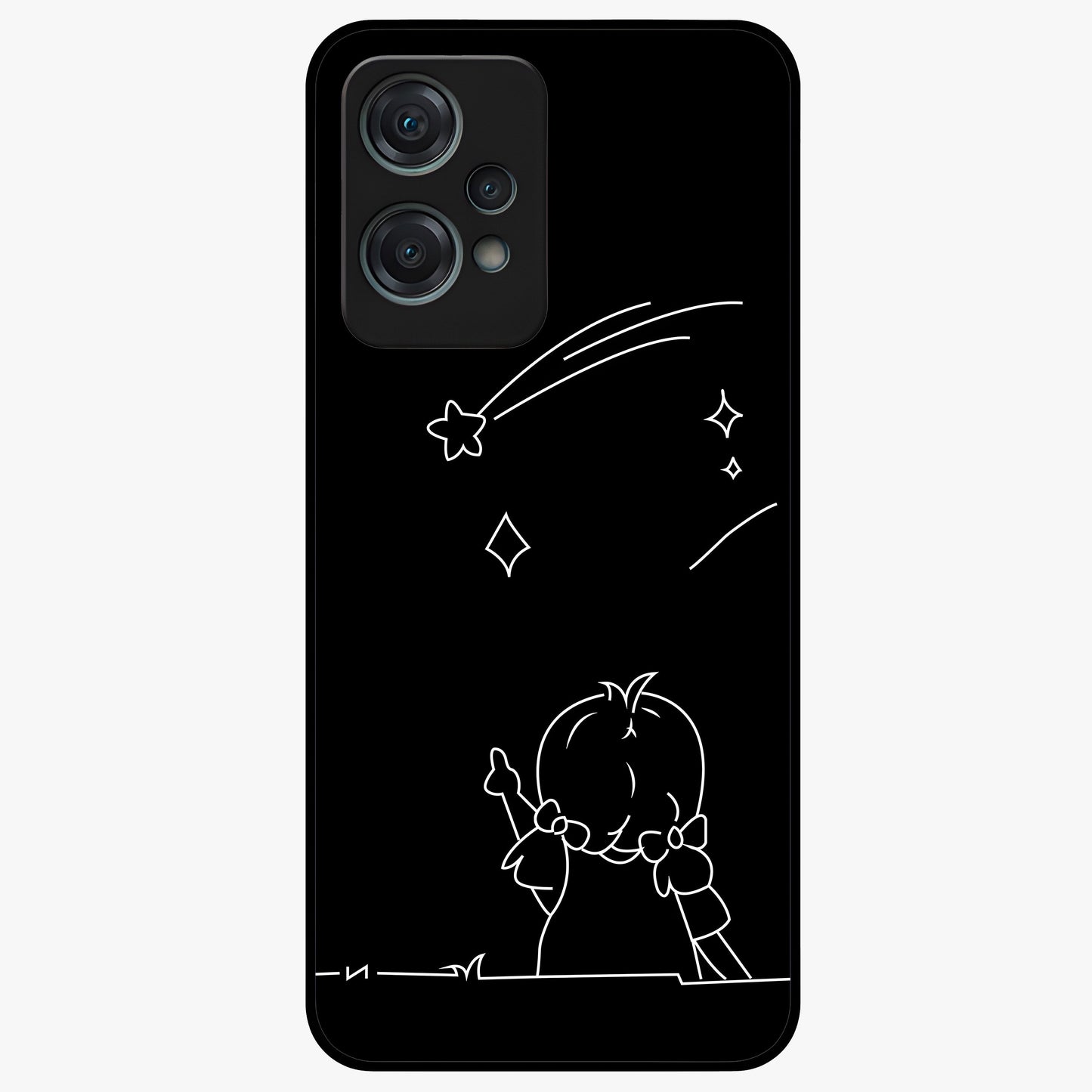 Line Art Girl With Shooting Stars Glass Case for 1+Nord Ce 2 Lite elegant front view featuring minimal line art character with shooting stars