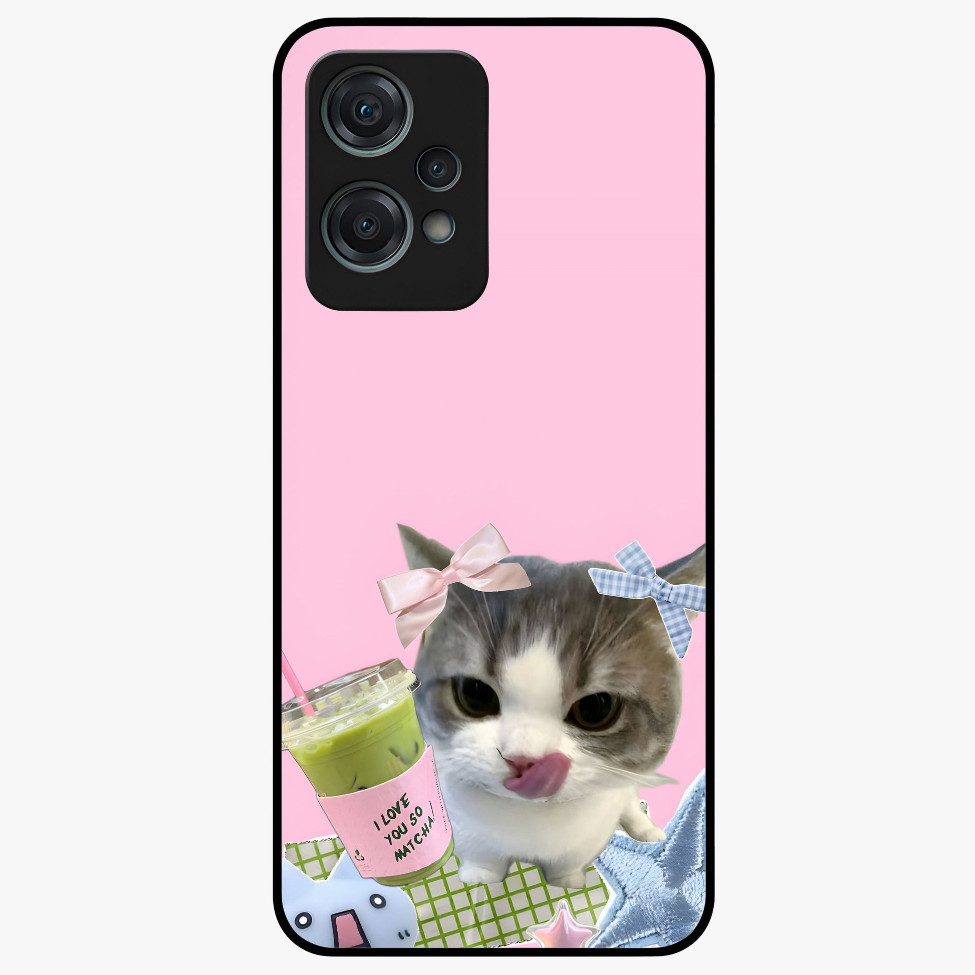 Love Matcha Cat Glass Case for 1+Nord Ce 2 Lite adorable front view featuring cute cat artwork with matcha theme