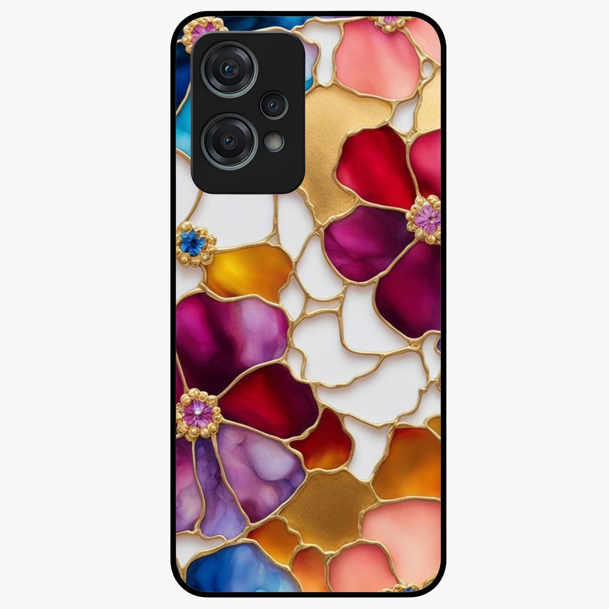 Marble Flower Pattern Glass Case for 1+Nord Ce 2 Lite stylish front view featuring floral artwork blended with marble texture