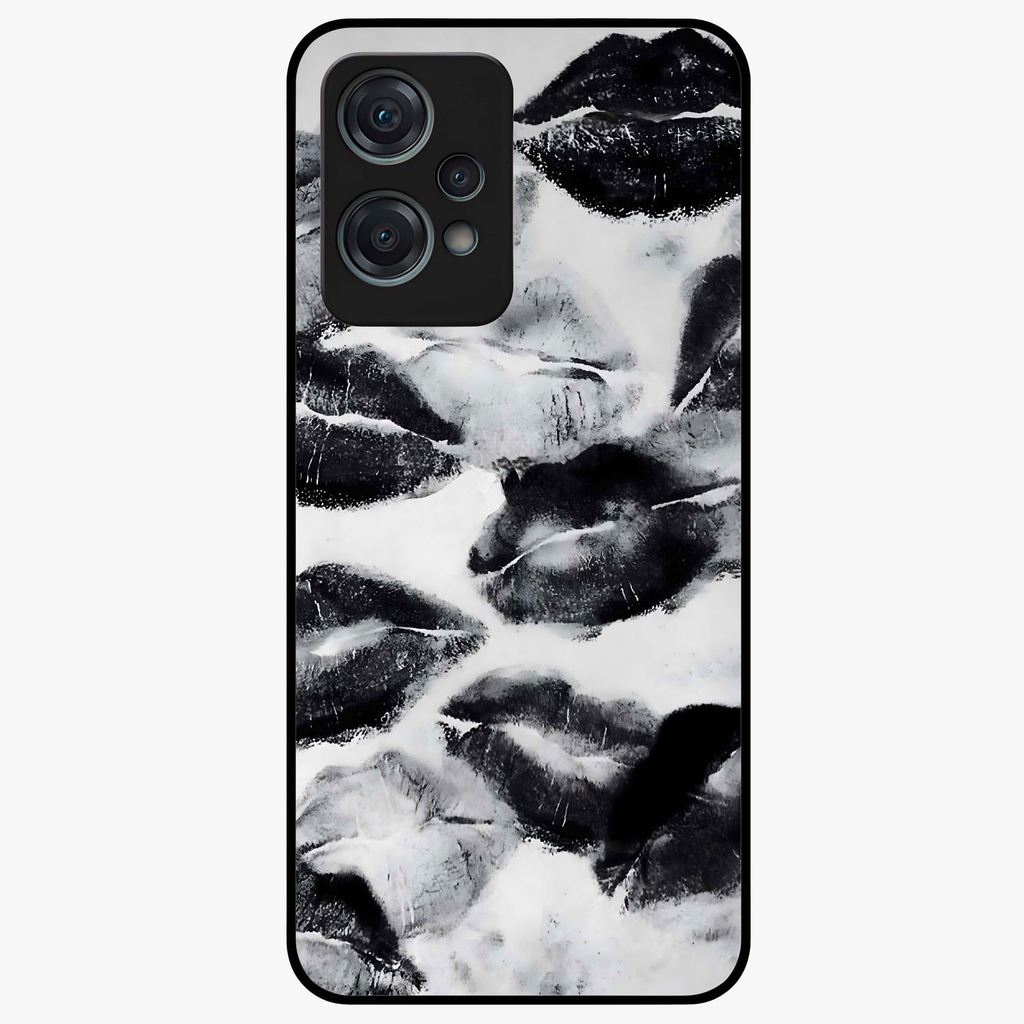 Midnight Kiss Marks Glass Case for 1+Nord Ce 2 Lite bold front view featuring romantic kiss mark artwork on dark background