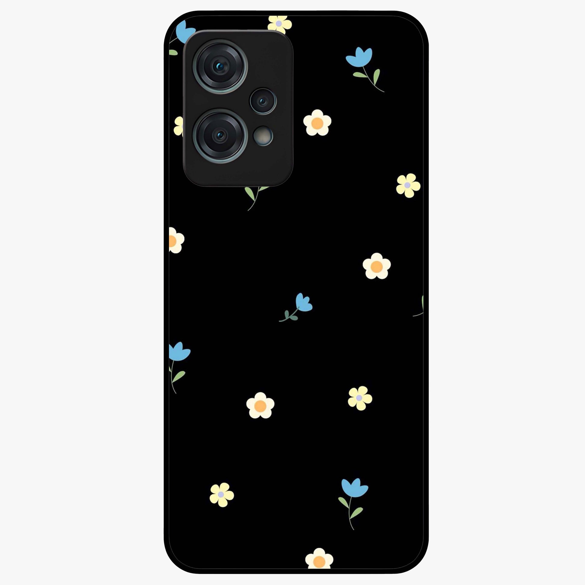 Minimalistic Blue With White Flower Pattern Glass Case for 1+Nord Ce 2 Lite fresh front view featuring white floral artwork on blue background