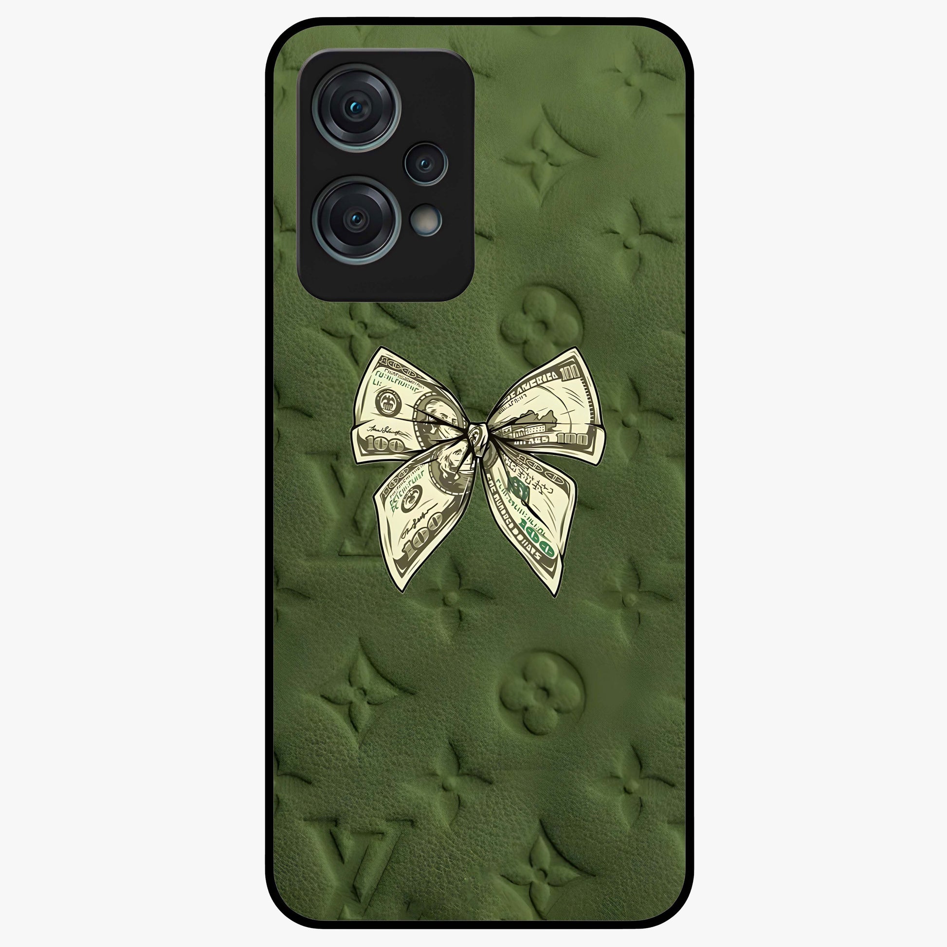 Money Bow Lv Glass Case for 1+Nord Ce 2 Lite luxury inspired front view featuring bold fashion themed artwork
