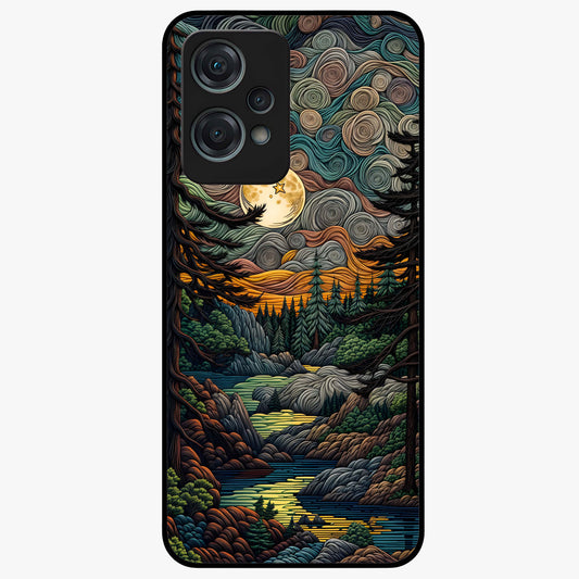 Moonlight Forest Dream Glass Case for 1+Nord Ce 2 Lite dreamy front view featuring forest artwork under glowing moonlight