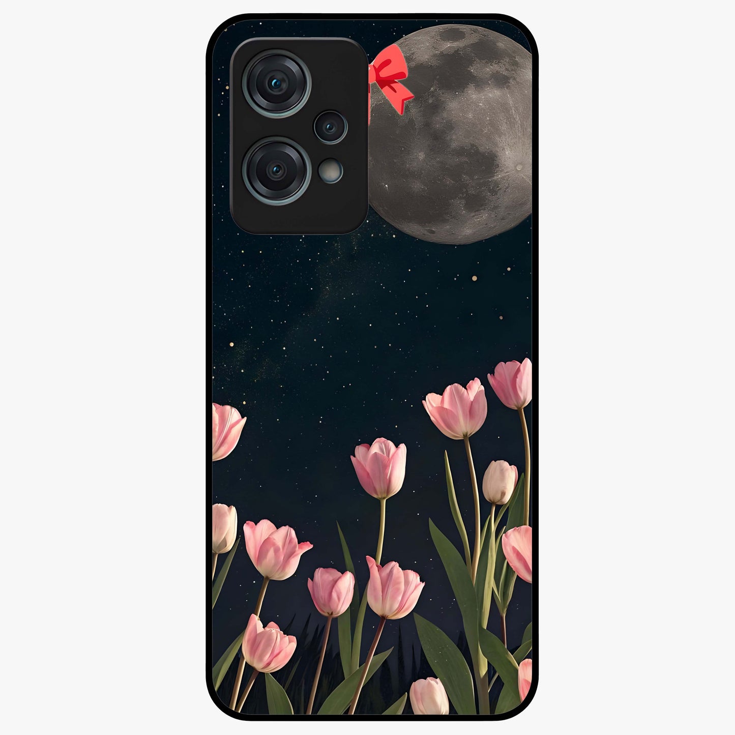 Moonlit Night Tulip Glass Case for 1+Nord Ce 2 Lite serene front view featuring tulip floral artwork in midnight tones