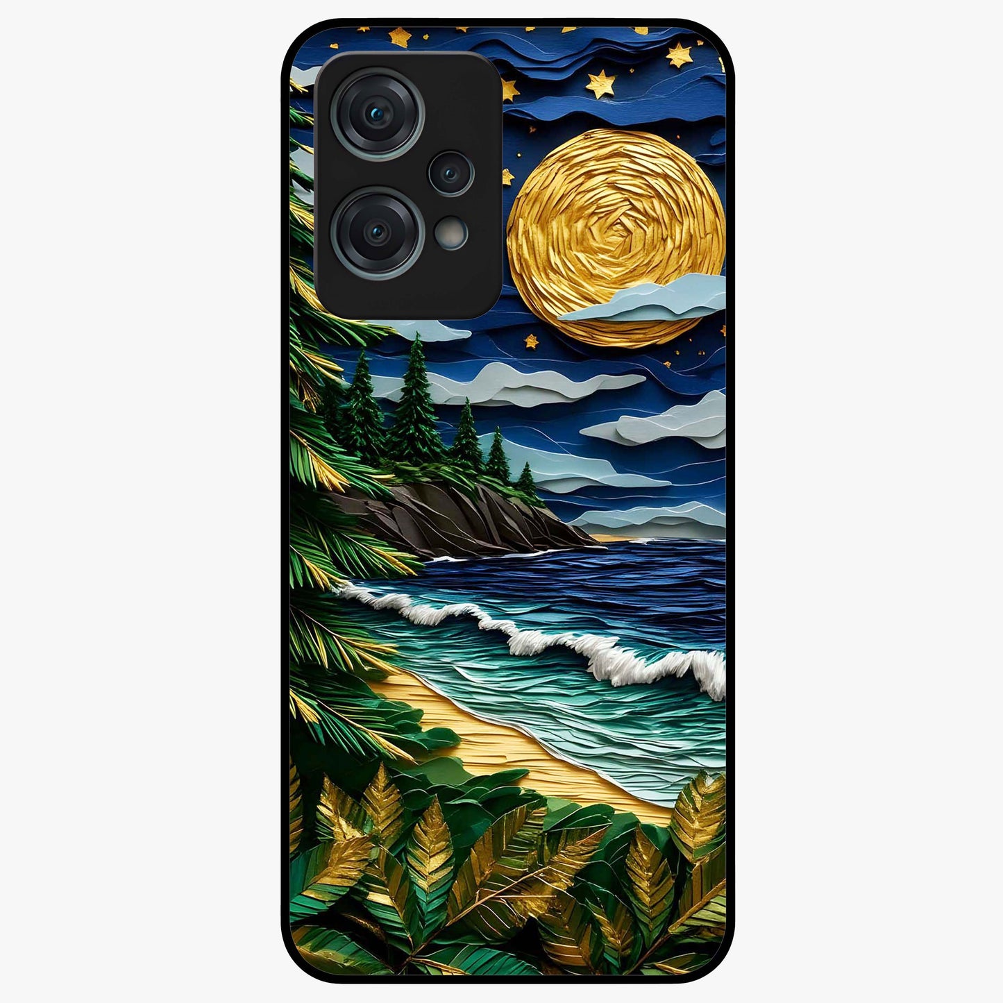 Moonlit Ocean Pines Glass Case for 1+Nord Ce 2 Lite scenic front view featuring pine trees by ocean under moonlit sky