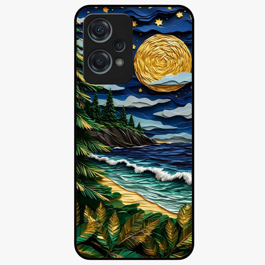 Moonlit Ocean Pines Glass Case for 1+Nord Ce 2 Lite scenic front view featuring pine trees by ocean under moonlit sky