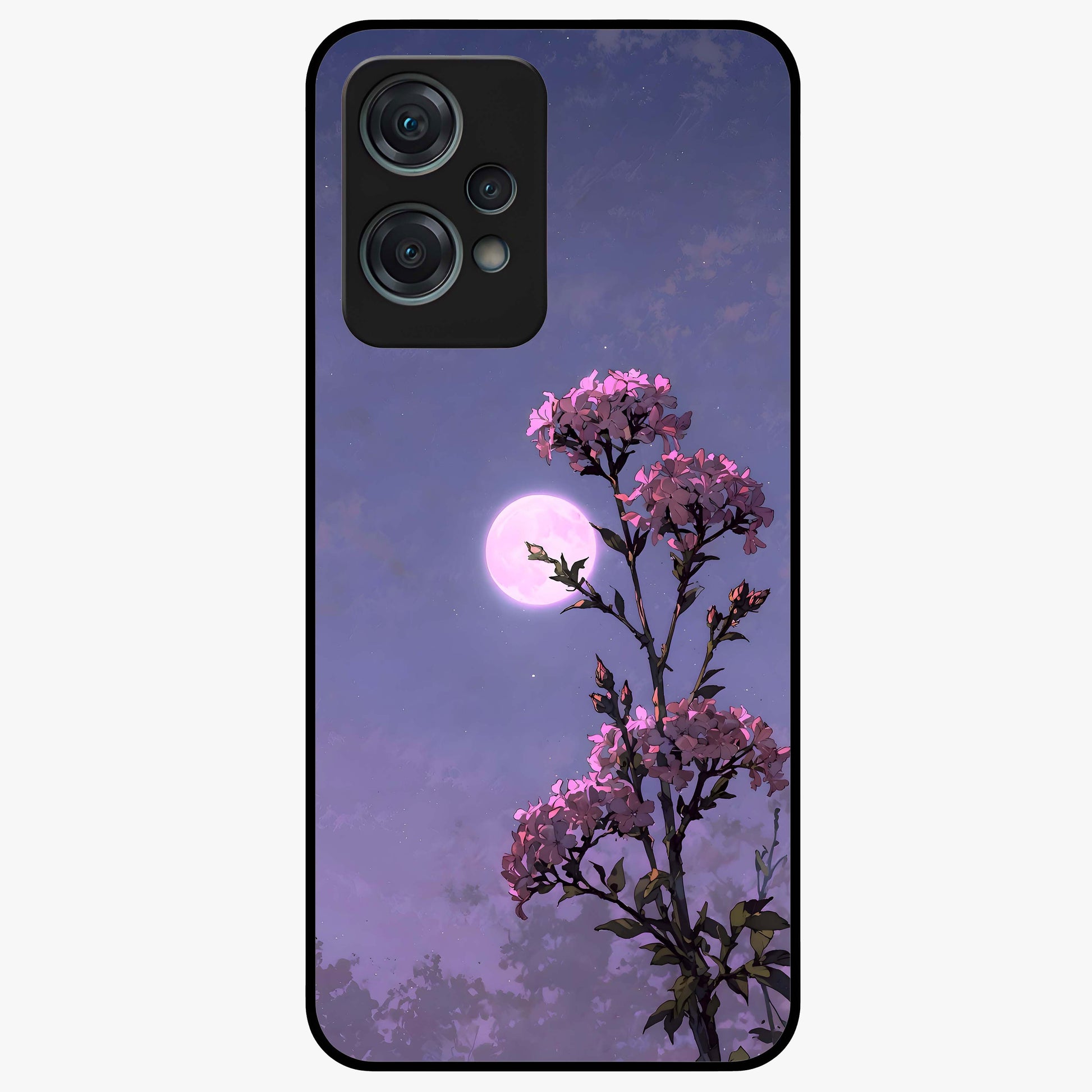 Moonlit Petal Night Glass Case for 1+Nord Ce 2 Lite elegant front view featuring floral artwork glowing in night tones