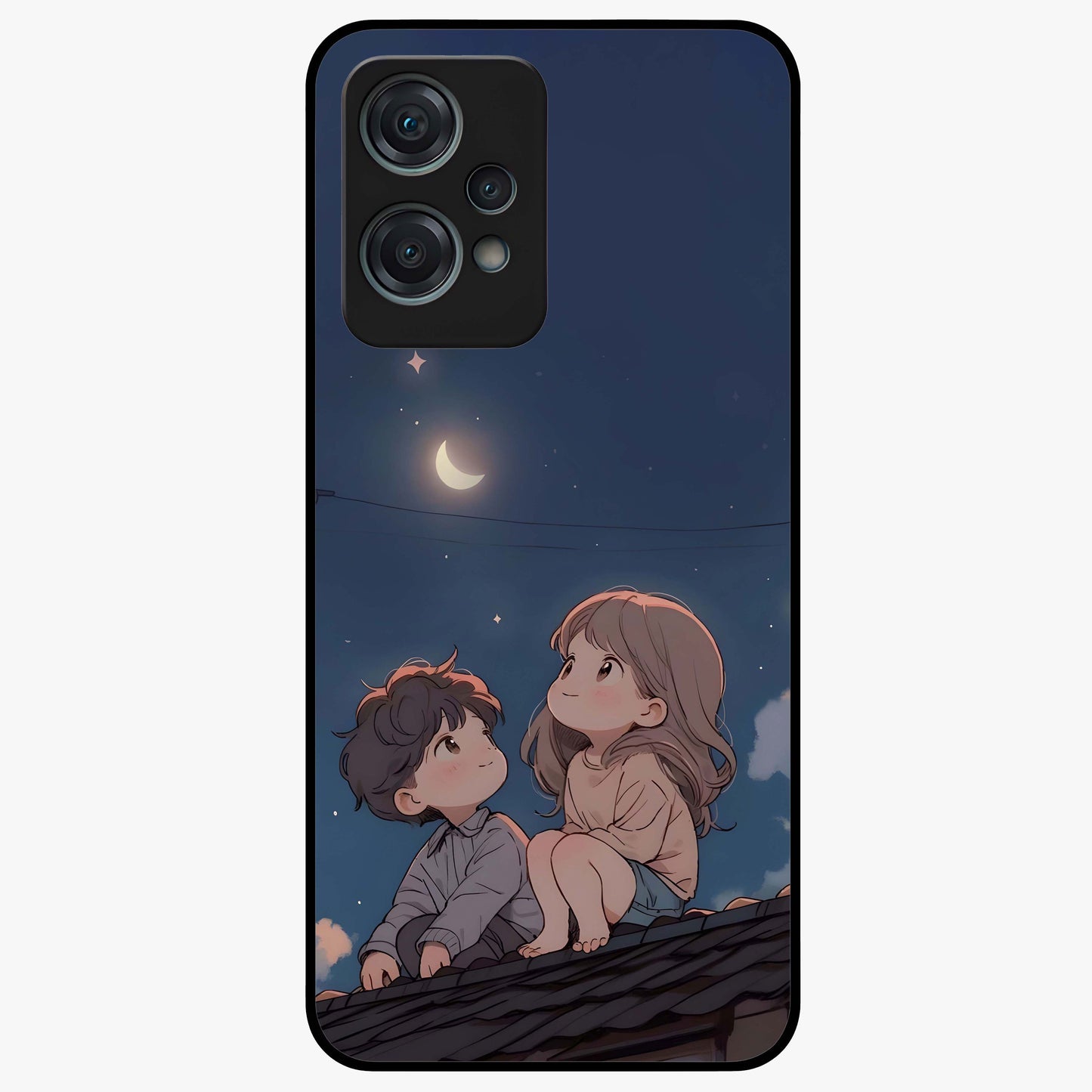 Moonlit Promise Together Glass Case for 1+Nord Ce 2 Lite romantic front view featuring couple inspired artwork in night tones