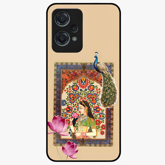 Mughal Princess and Peacock Glass Case for 1+Nord Ce 2 Lite royal front view featuring intricate princess and peacock artwork