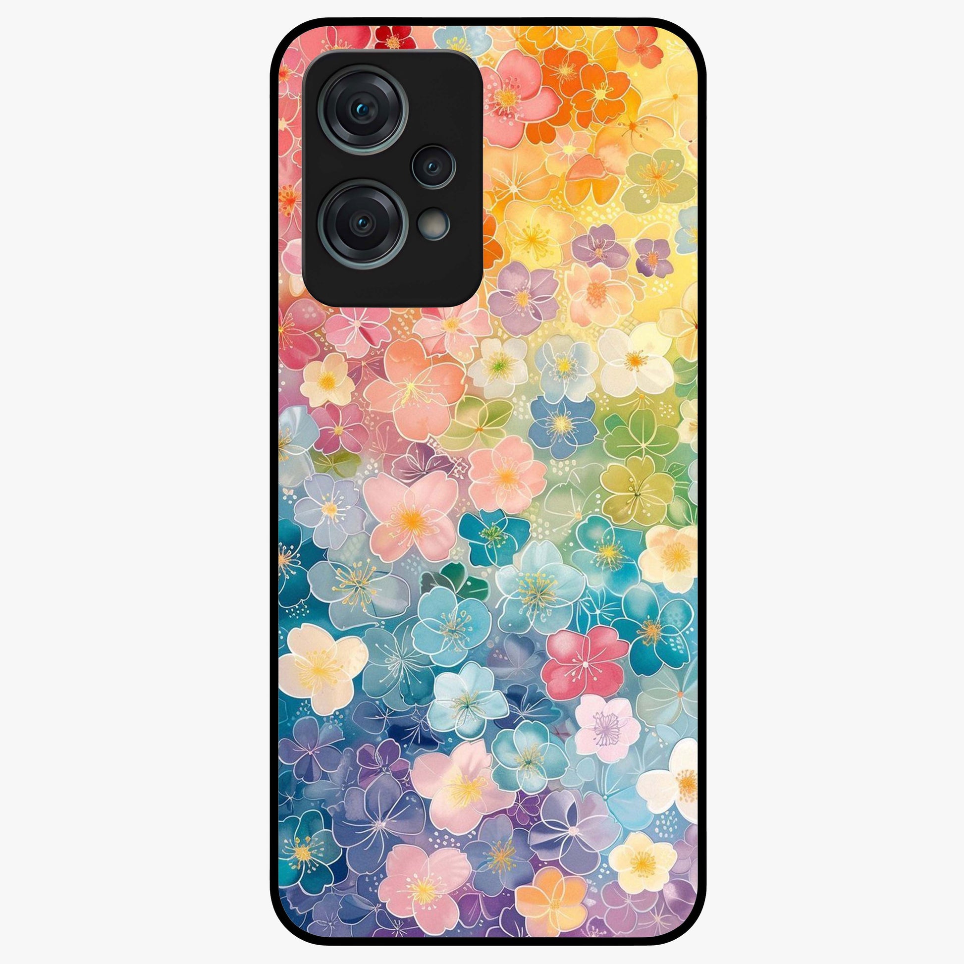 Multiple Background With Flower Glass Case for 1+Nord Ce 2 Lite vibrant front view featuring layered floral artwork on mixed backgrounds