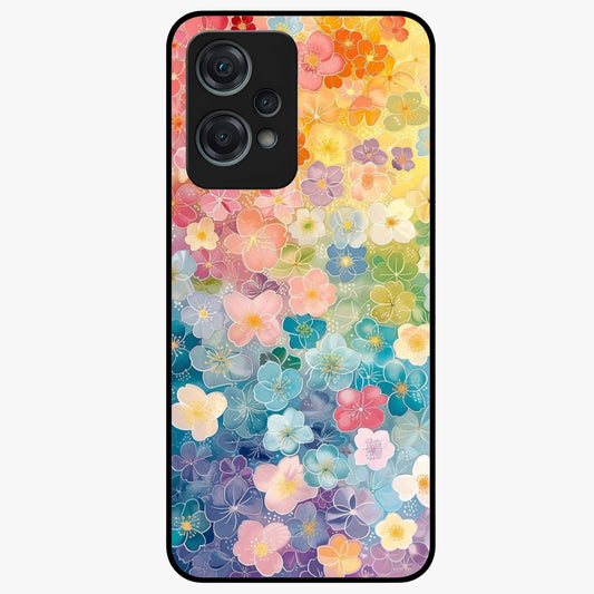 Multiple Background With Flower Glass Case for 1+Nord Ce 2 Lite vibrant front view featuring layered floral artwork on mixed backgrounds