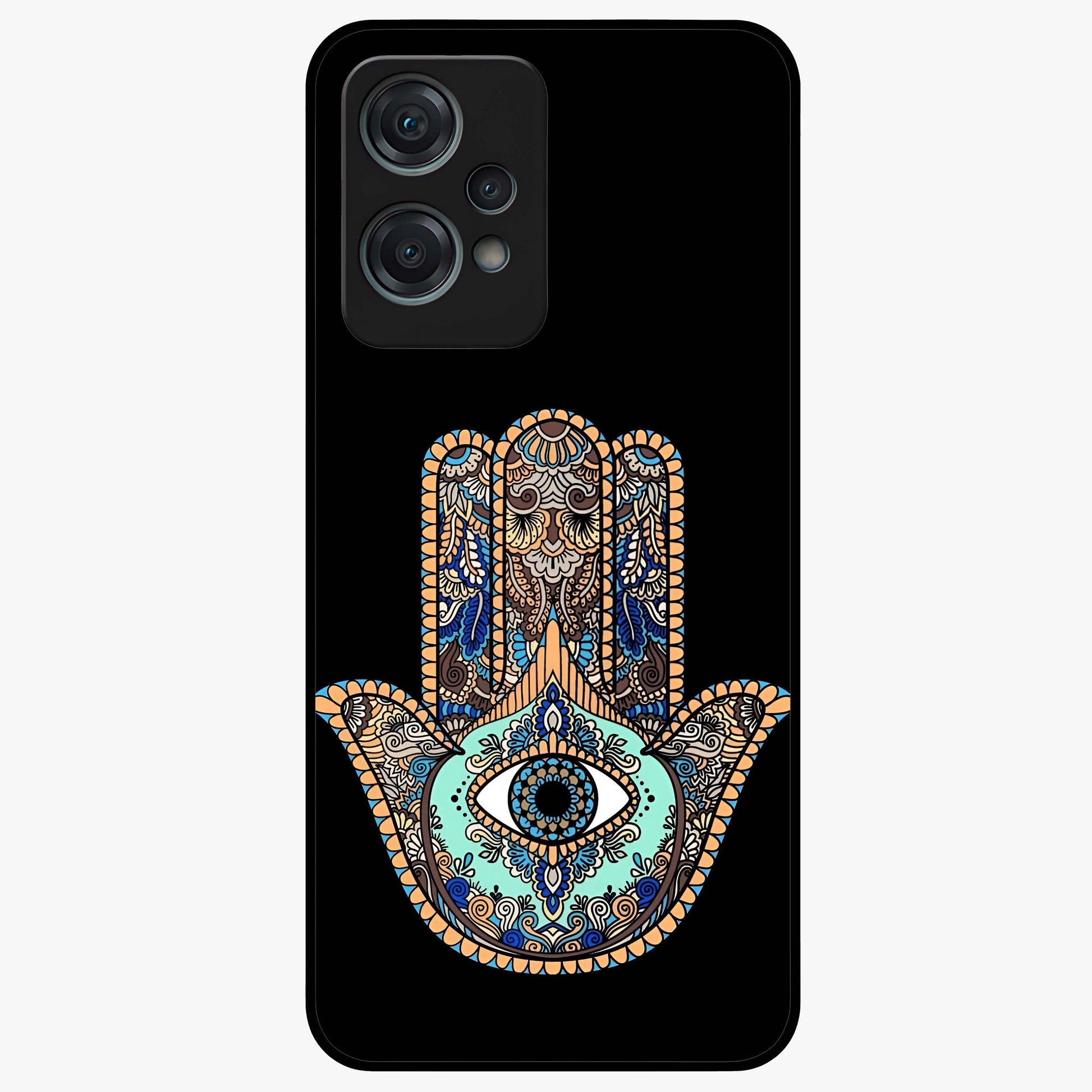 Mystic Hamsa Eye Glass Case for 1+Nord Ce 2 Lite symbolic front view featuring traditional hamsa eye artwork