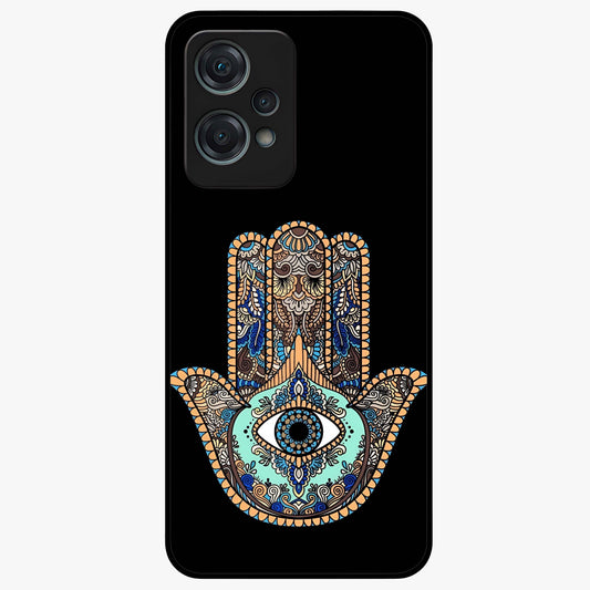 Mystic Hamsa Eye Glass Case for 1+Nord Ce 2 Lite symbolic front view featuring traditional hamsa eye artwork