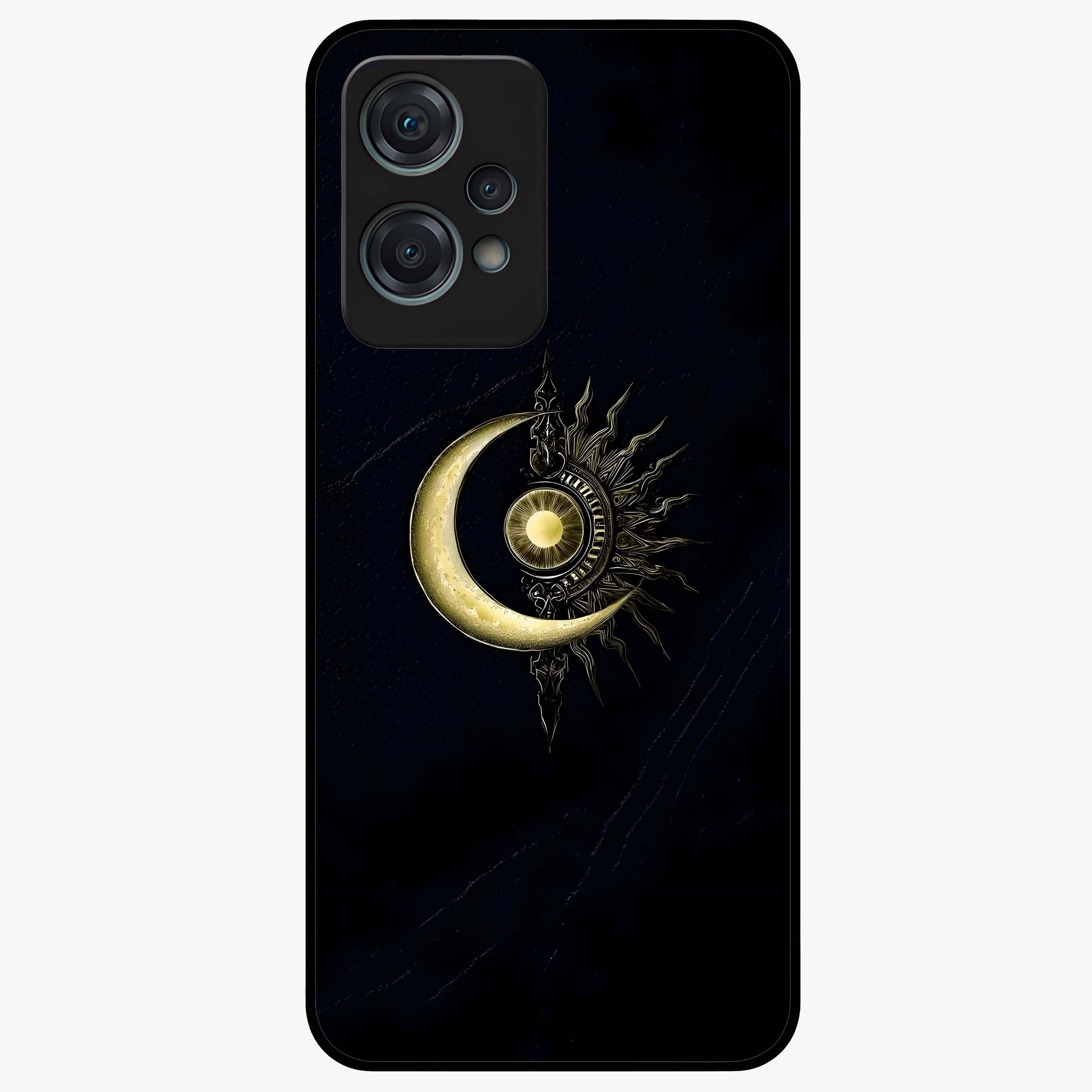 Mystic Lunar Flame Glass Case for 1+Nord Ce 2 Lite striking front view featuring moon and flame inspired artwork