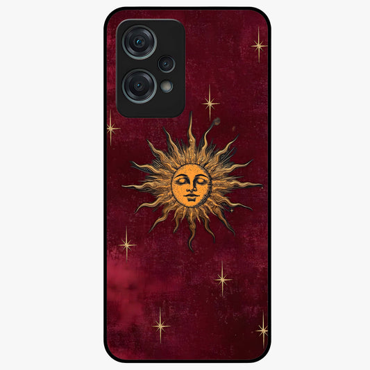 Mystic Solar Glow Glass Case for 1+Nord Ce 2 Lite radiant front view featuring glowing sun inspired mystical artwork
