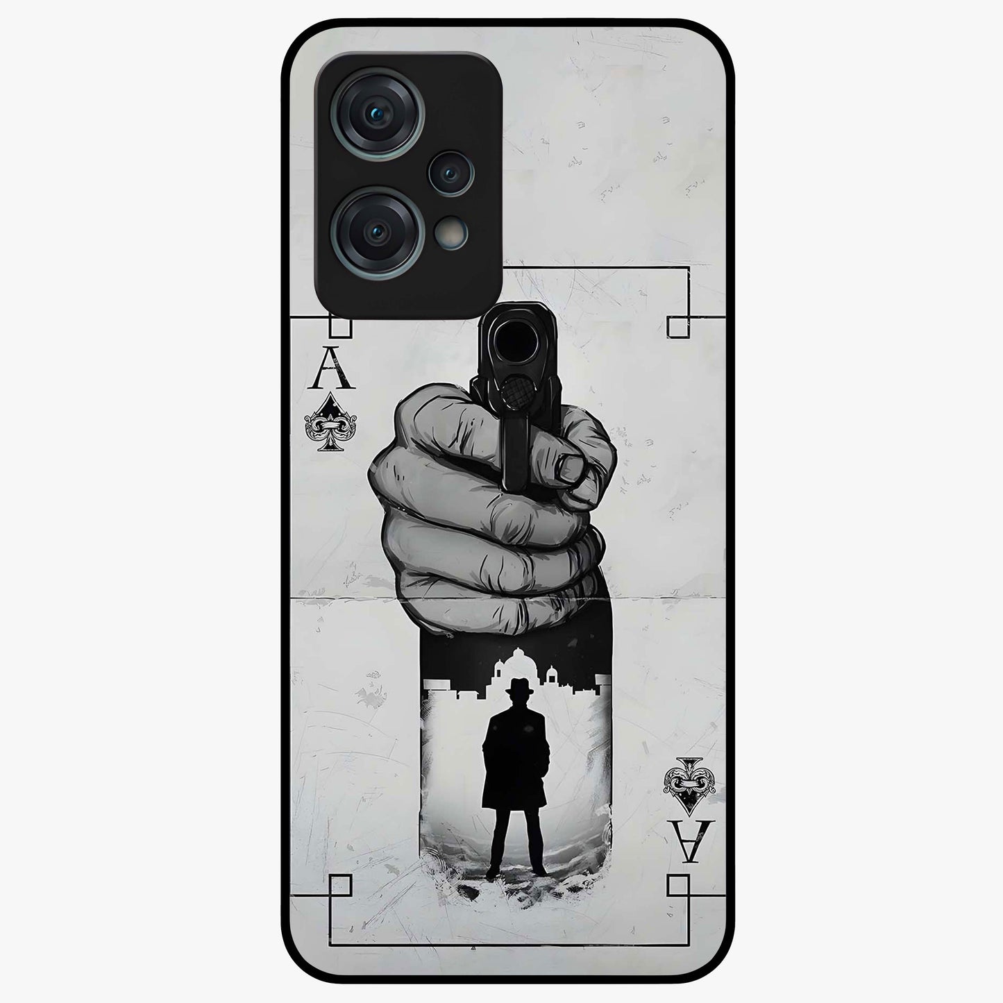 Noir Trigger Fate Glass Case for 1+Nord Ce 2 Lite dramatic front view featuring bold noir themed artistic artwork