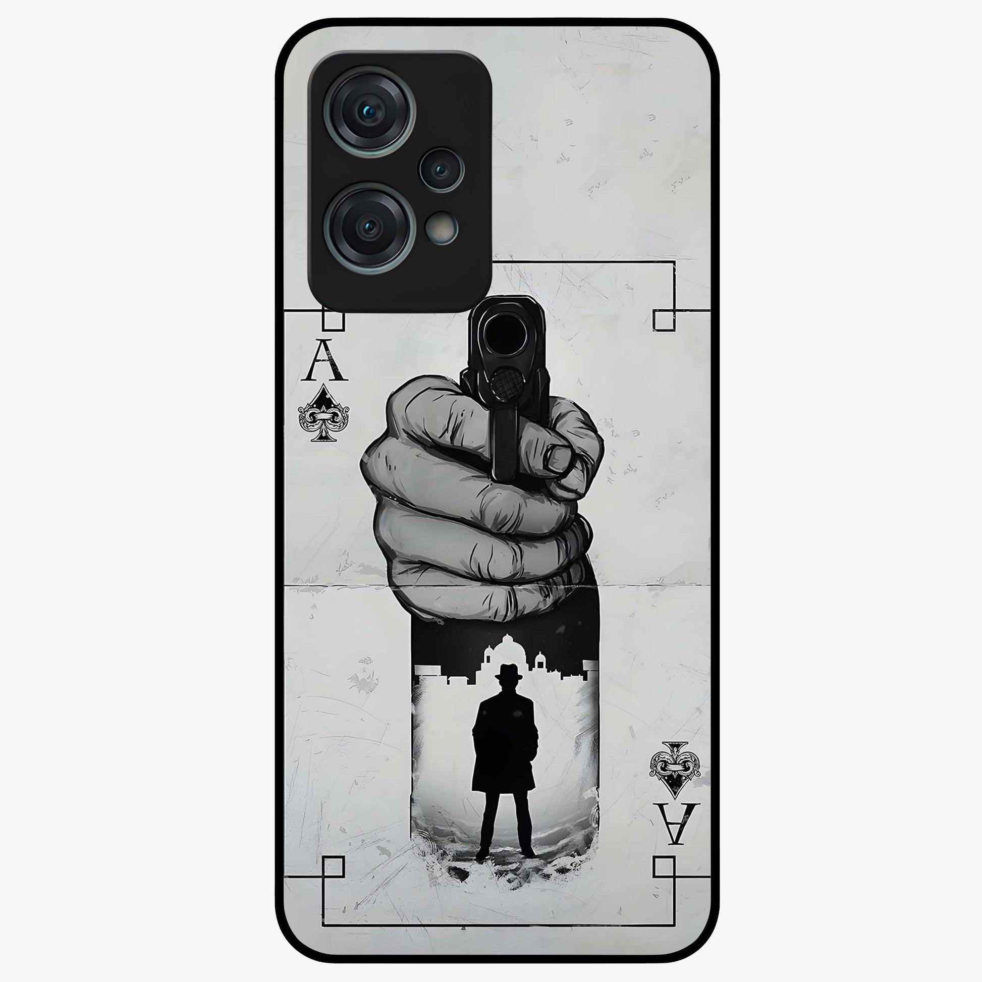 Noir Trigger Fate Glass Case for 1+Nord Ce 2 Lite dramatic front view featuring bold noir themed artistic artwork