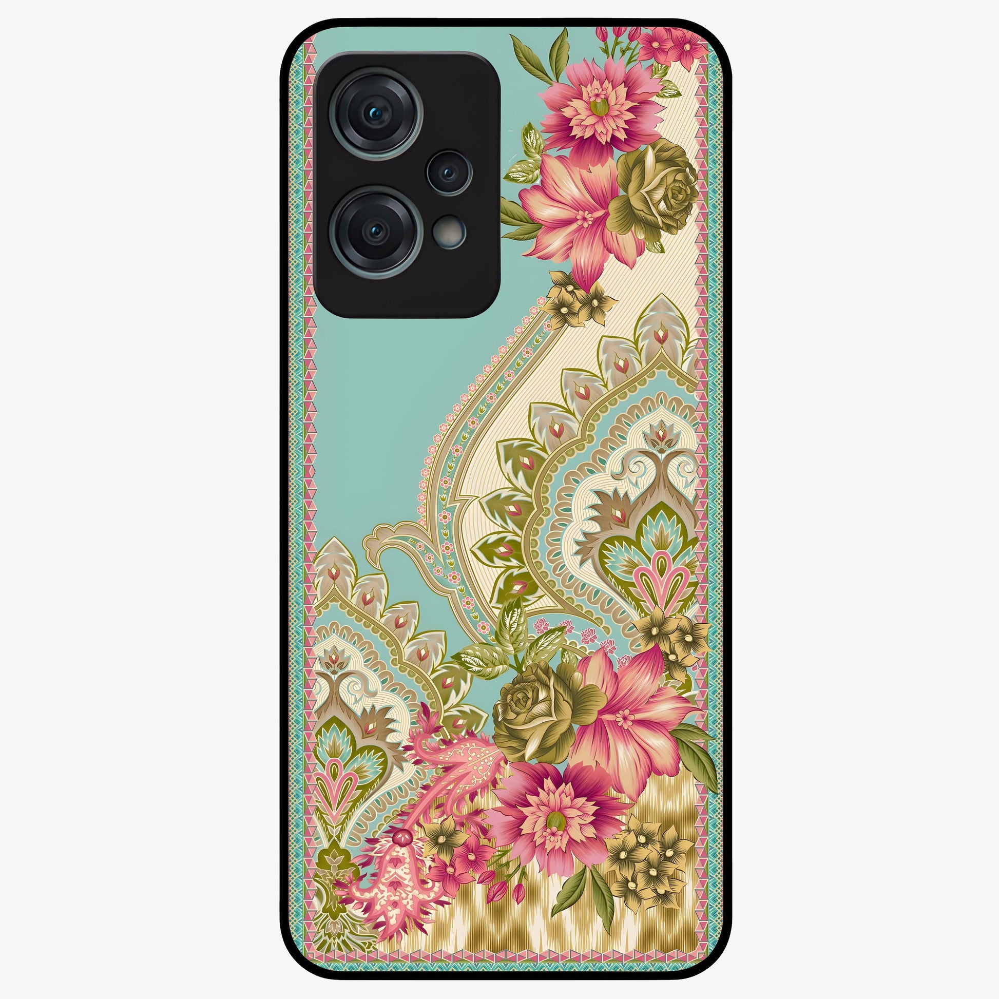 Ornate Mughal Floral Pattern Glass Case for 1+Nord Ce 2 Lite royal front view featuring intricate Mughal inspired floral artwork