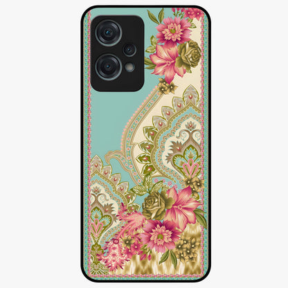 Ornate Mughal Floral Pattern Glass Case for 1+Nord Ce 2 Lite royal front view featuring intricate Mughal inspired floral artwork