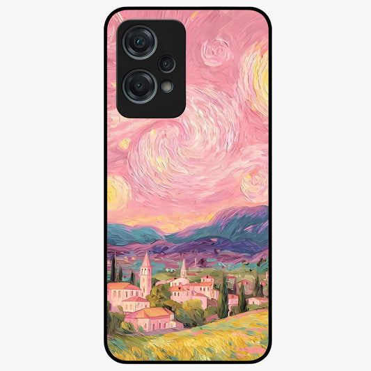 Pastel Starry Village Glass Case for 1+Nord Ce 2 Lite dreamy front view featuring village artwork under pastel night sky