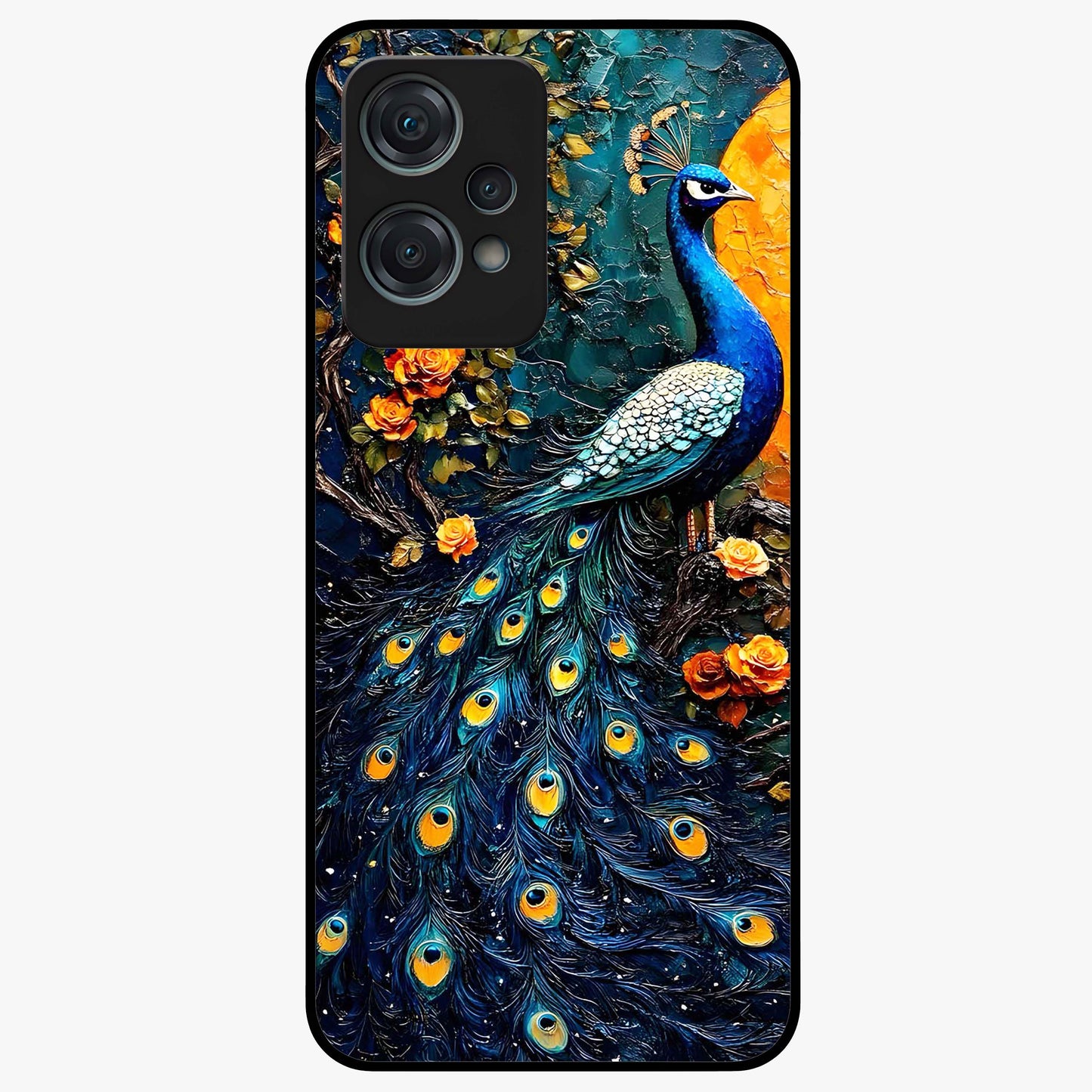 Peacock With Yellow Moon Glass Case for 1+Nord Ce 2 Lite striking front view featuring peacock artwork under glowing yellow moon