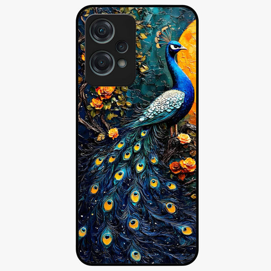 Peacock With Yellow Moon Glass Case for 1+Nord Ce 2 Lite striking front view featuring peacock artwork under glowing yellow moon