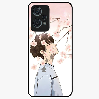 Pink Blossom Boy Glass Case for 1+Nord Ce 2 Lite aesthetic front view featuring illustrated character with pink floral accents