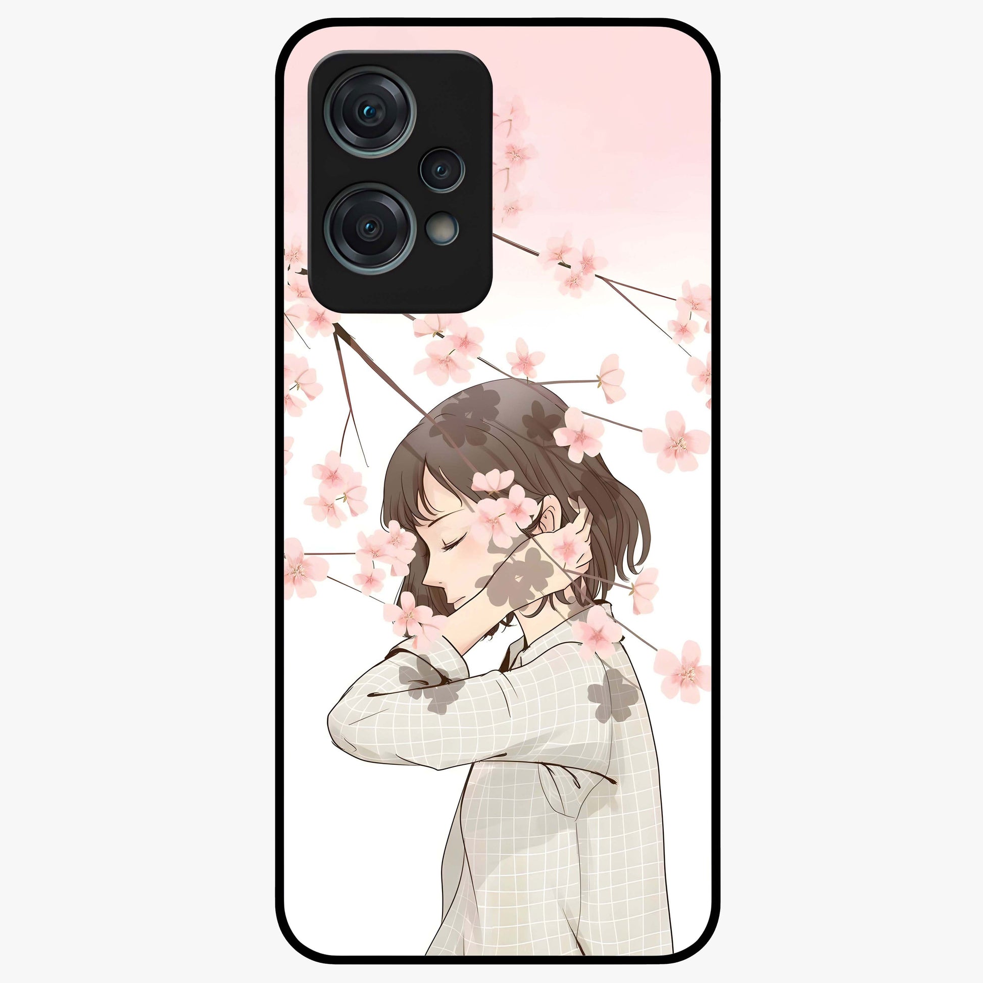 Pink Blossom Girl Glass Case for 1+Nord Ce 2 Lite charming front view featuring illustrated girl with pink blossom artwork