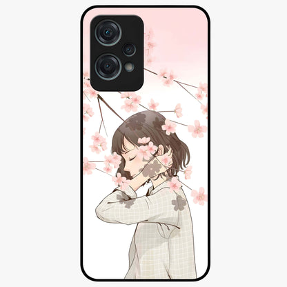 Pink Blossom Girl Glass Case for 1+Nord Ce 2 Lite charming front view featuring illustrated girl with pink blossom artwork