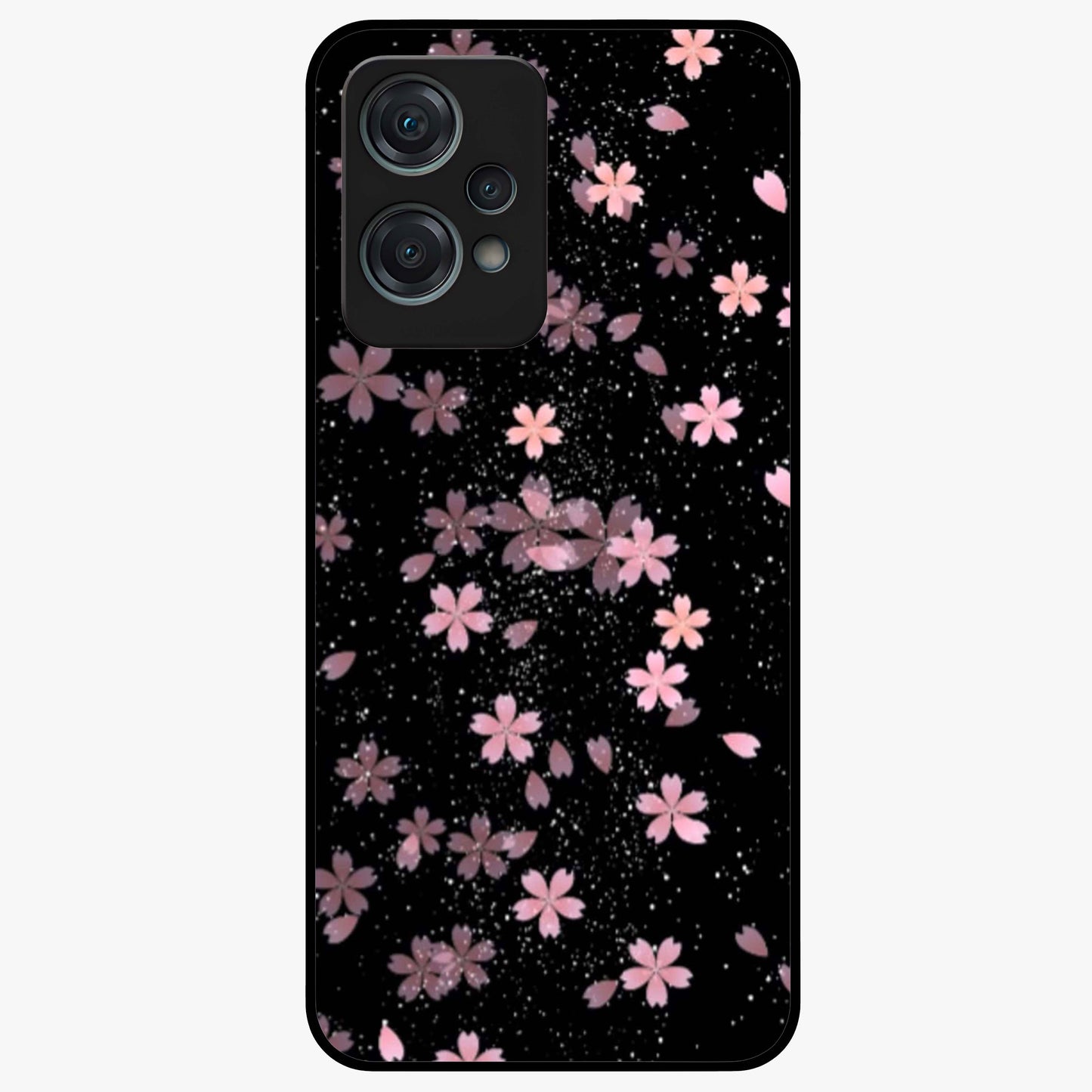 Pink Flower Black Background Glass Case for 1+Nord Ce 2 Lite striking front view featuring vibrant pink flower on dark backdrop