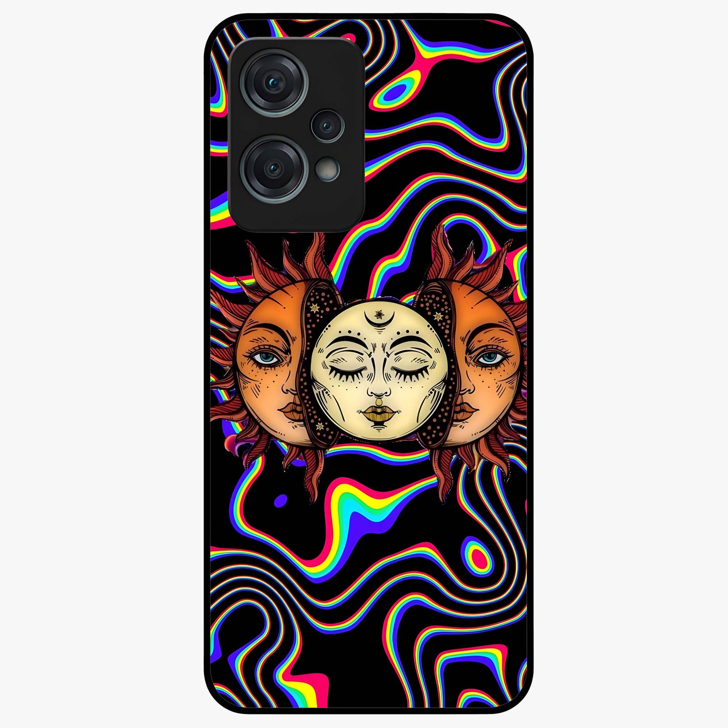 Psychedelic Sun Glass Case for 1+Nord Ce 2 Lite artistic front view featuring vibrant sun artwork in psychedelic colors