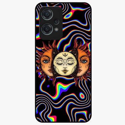 Psychedelic Sun Glass Case for 1+Nord Ce 2 Lite artistic front view featuring vibrant sun artwork in psychedelic colors