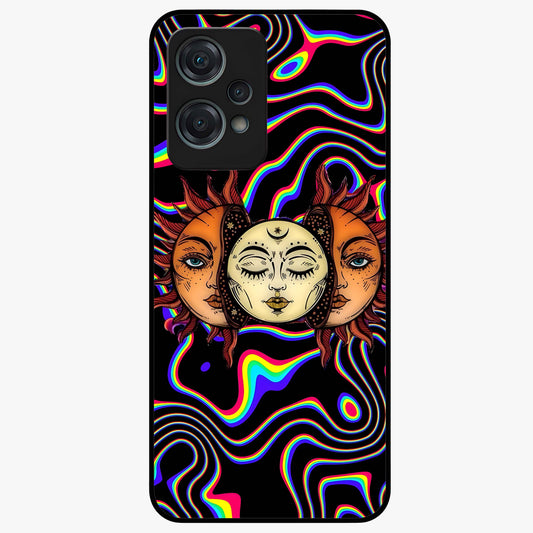 Psychedelic Sun Glass Case for 1+Nord Ce 2 Lite artistic front view featuring vibrant sun artwork in psychedelic colors