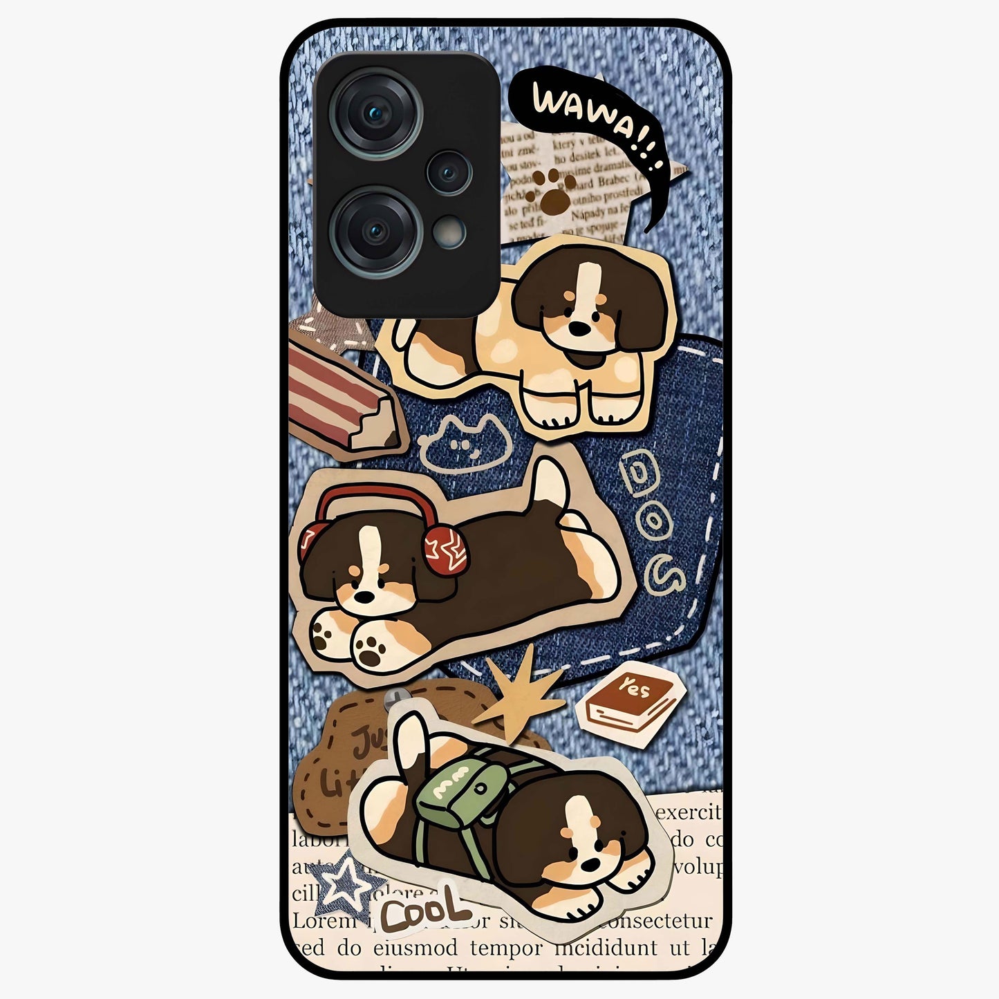 Puppy Sticker Parade Glass Case for 1+Nord Ce 2 Lite playful front view featuring multiple puppy sticker style artwork