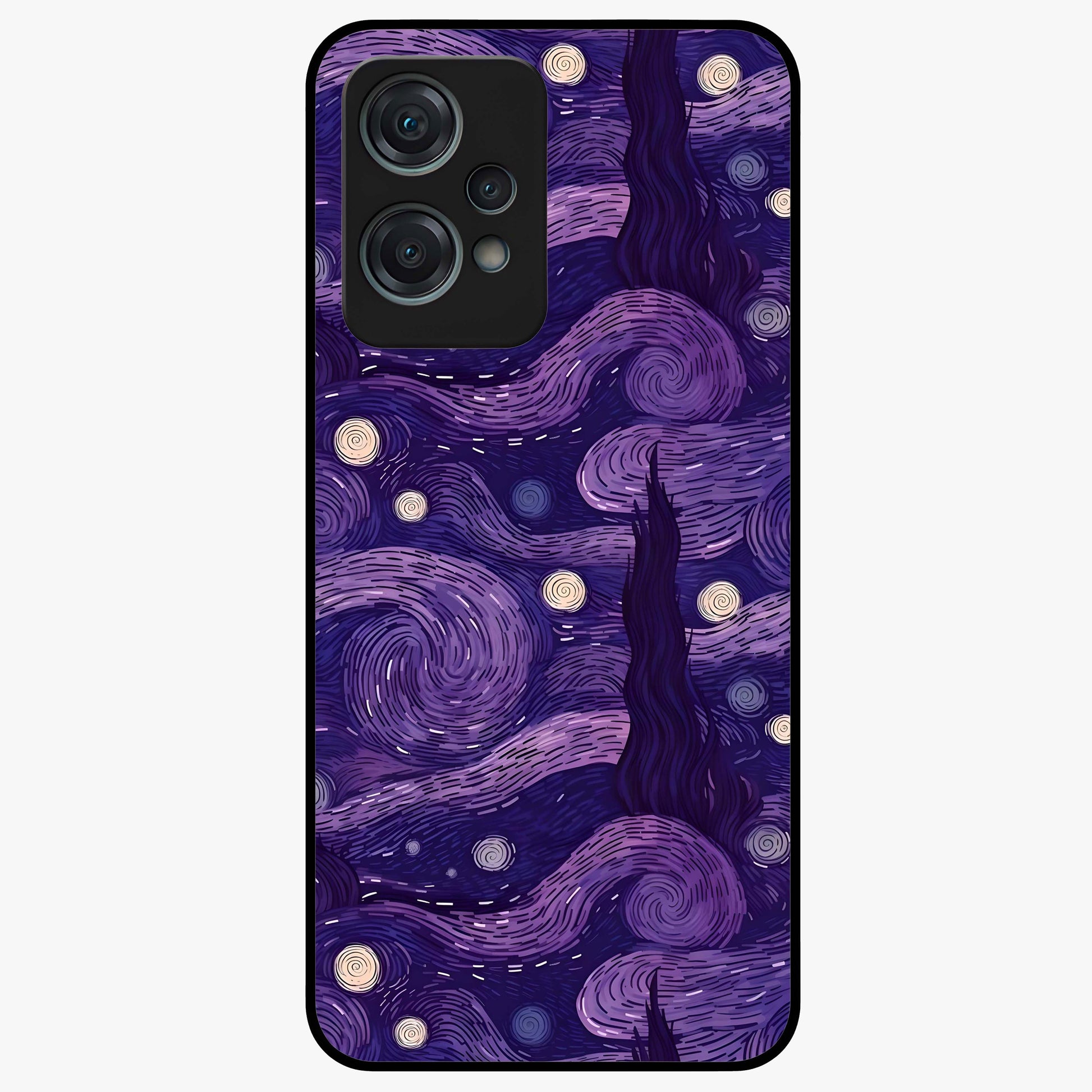 Purple Swirls Glass Case for 1+Nord Ce 2 Lite artistic front view featuring flowing swirl artwork in rich purple tones
