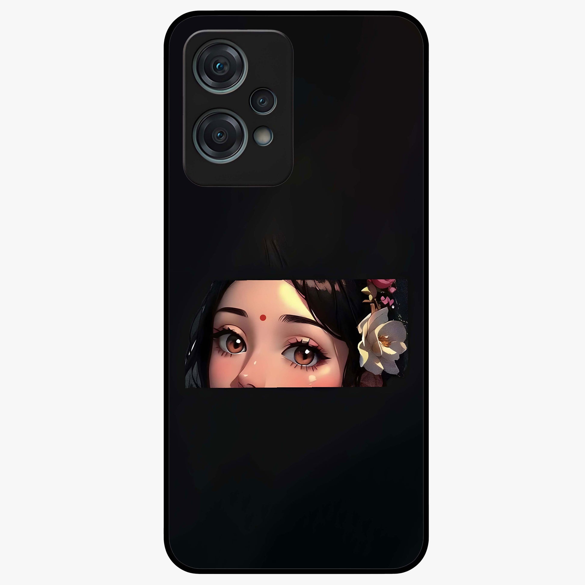 Radha Divine Embrace Glass Case for 1+Nord Ce 2 Lite devotional front view featuring graceful Radha inspired artwork