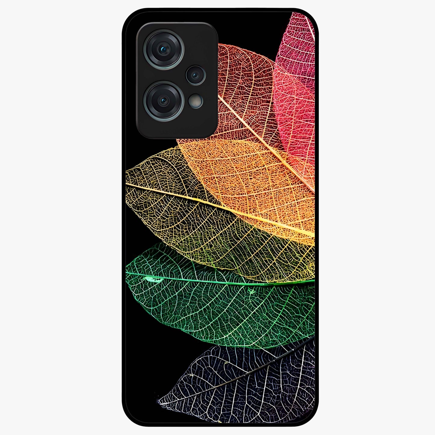 Rainbow Leaf Glow Glass Case for 1+Nord Ce 2 Lite colorful front view featuring vibrant leaf artwork with glowing effect
