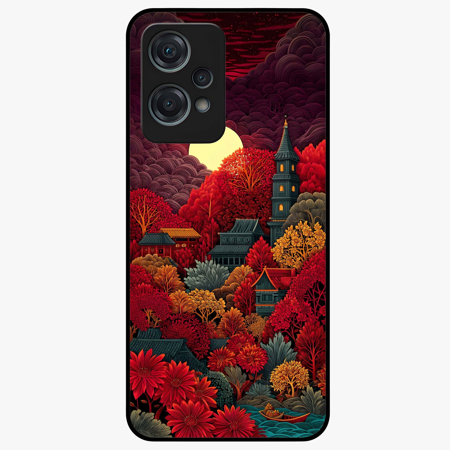 Red Scenery Hot Glass Case for 1+Nord Ce 2 Lite dramatic front view featuring bold red landscape artwork
