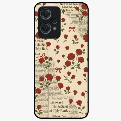 Retro Rose Journal Glass Case for 1+Nord Ce 2 Lite elegant front view featuring vintage rose artwork with journal aesthetic