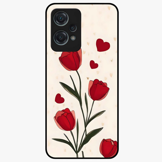 Romantic Tulip Hearts Glass Case for 1+Nord Ce 2 Lite sweet front view featuring tulip floral artwork with heart accents