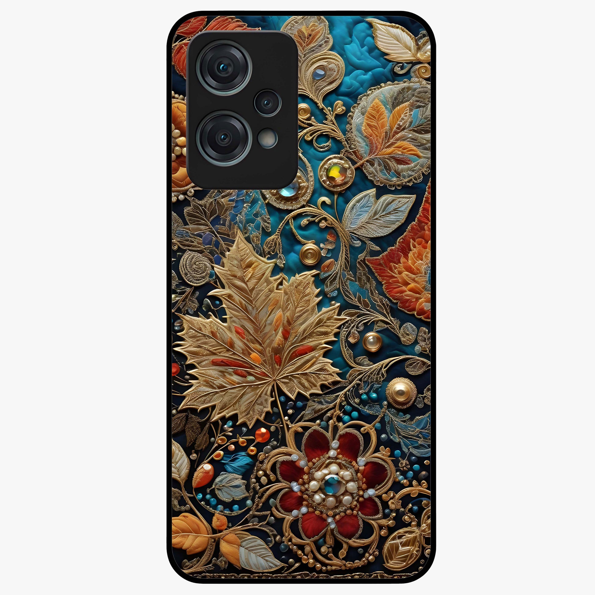 Royal Jewel Garden Glass Case for 1+Nord Ce 2 Lite luxurious front view featuring ornate floral artwork with jewel accents