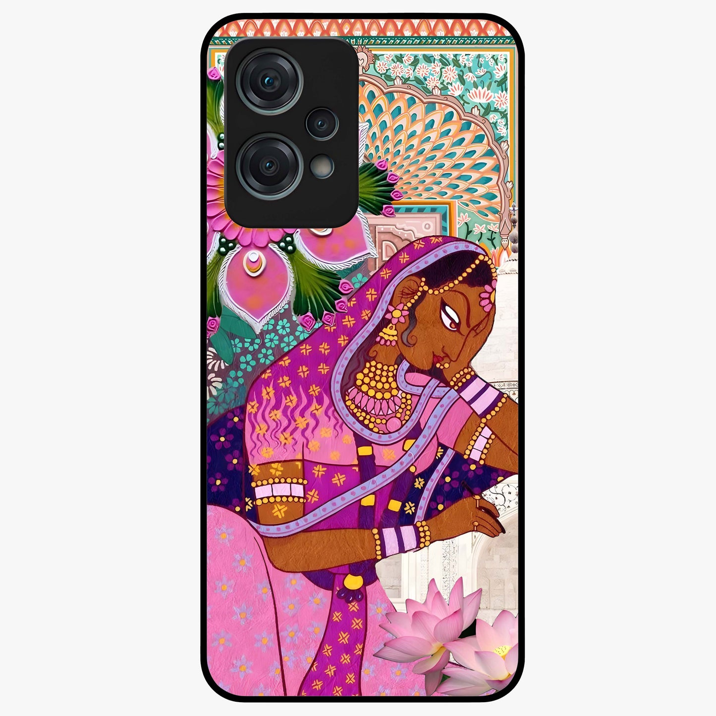 Royal Lotus Muse Glass Case for 1+Nord Ce 2 Lite graceful front view featuring lotus artwork with regal detailing