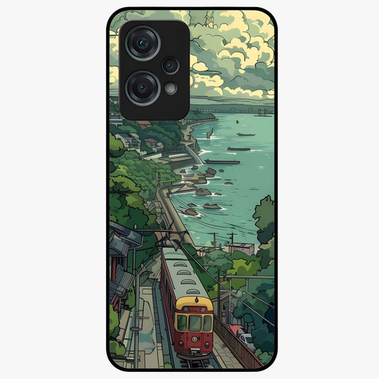 Seaside Train Ride Glass Case for 1+Nord Ce 2 Lite scenic front view featuring coastal train landscape artwork