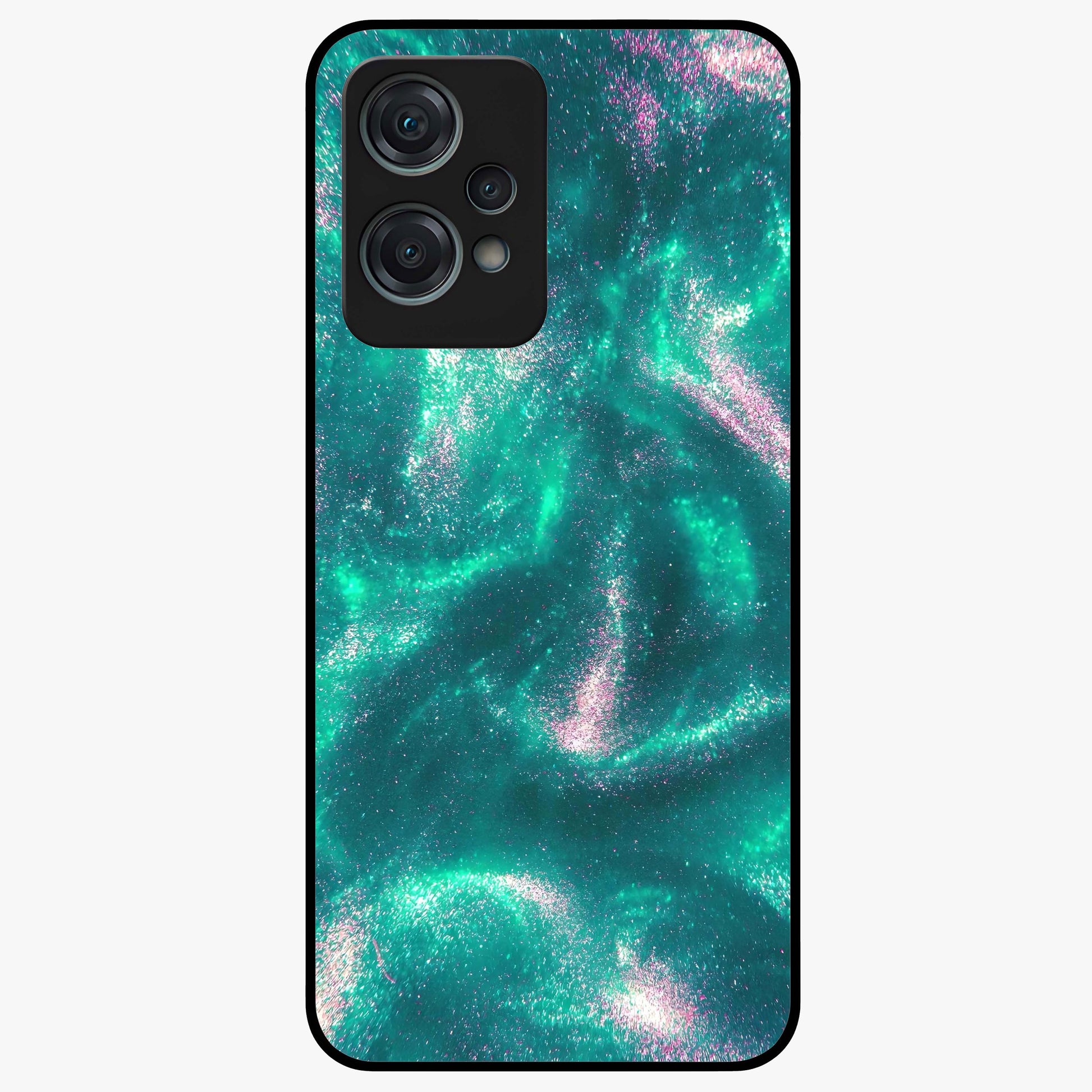 Shimmering Nebula Waves Glass Case for 1+Nord Ce 2 Lite vibrant front view featuring cosmic wave artwork in glowing tones