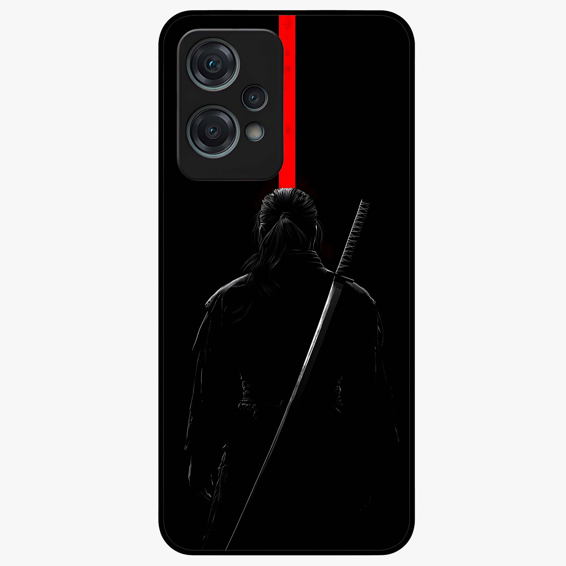 Silent Blade Resolve Glass Case for 1+Nord Ce 2 Lite bold front view featuring stealth warrior inspired artwork