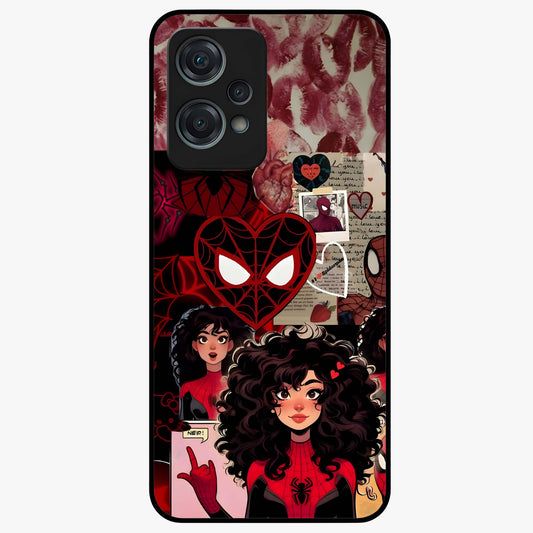 Spider Love Story Glass Case for 1+Nord Ce 2 Lite bold front view featuring superhero inspired romantic artwork
