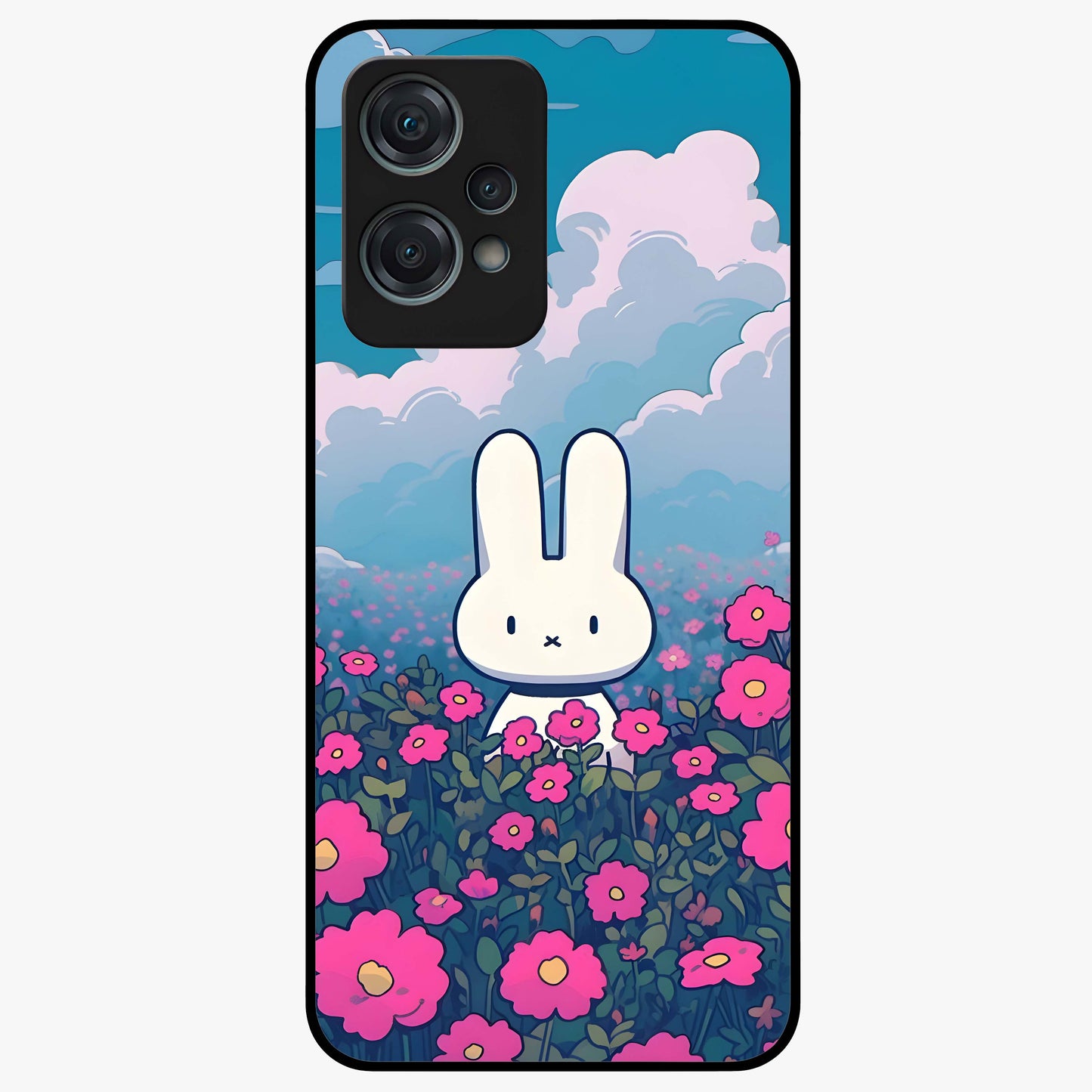 Springtime Blossom Bunny Glass Case for 1+Nord Ce 2 Lite adorable front view featuring bunny artwork with spring floral accents