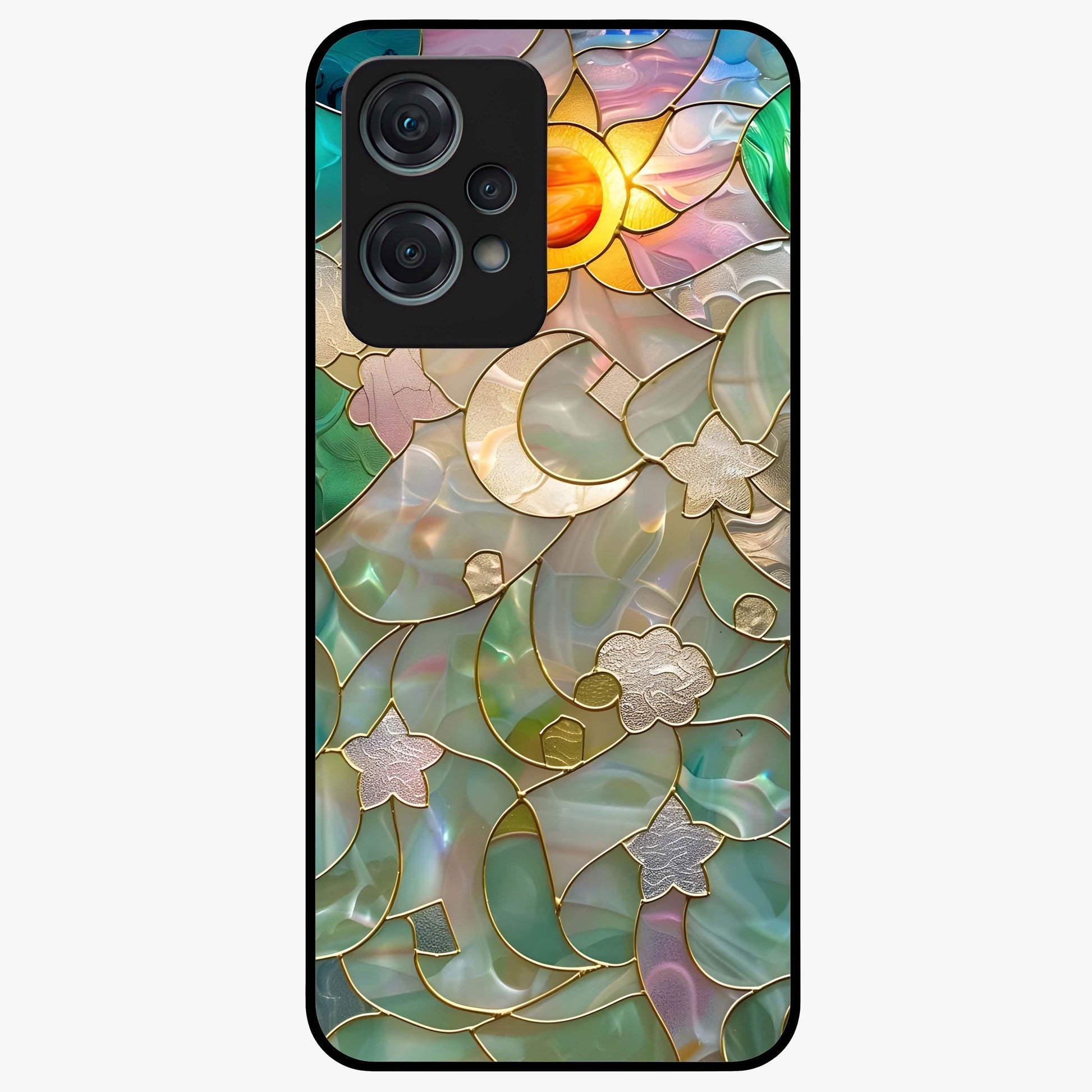 Stained Sunrise Glow Glass Case for 1+Nord Ce 2 Lite radiant front view featuring sunrise inspired stained glass artwork